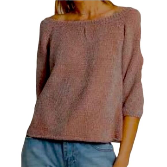 HYFVE Off The Shoulder Chenille Cropped Sleeve Cozy Blush Sweater - Picture 3 of 6
